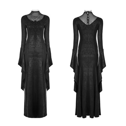 PUNK RAVE  Gothic High Cross Crackle Split Long Dress Collar Buttons Vintage Lace Decals Knit Mesh Hem Women Black Clothing