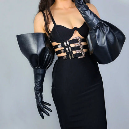 DooWay Black Angel Wings GLOVES TECH LONG RUFFLE PUFF SLEEVES Faux Leather 70cm Fashion Evening Opera Role Play Cosplay Glove