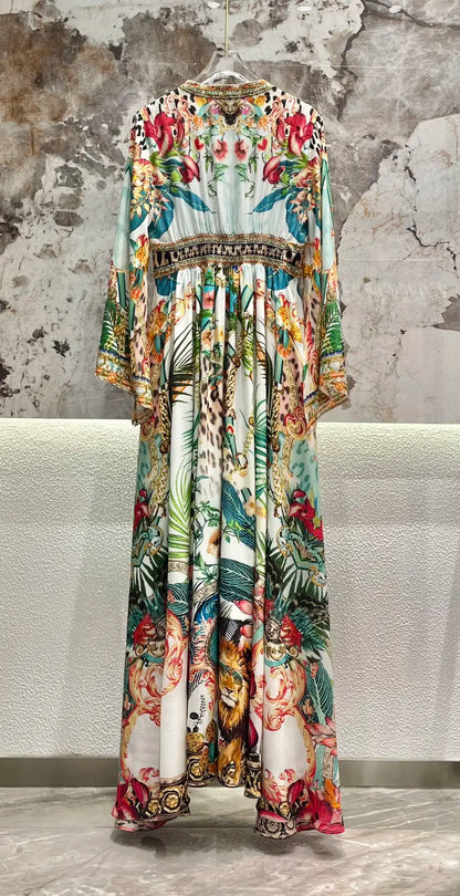 Vestido largo ajustado de manga larga con cuello en V, estampado de leopardo y flores con cuentas para mujer, 100 % seda