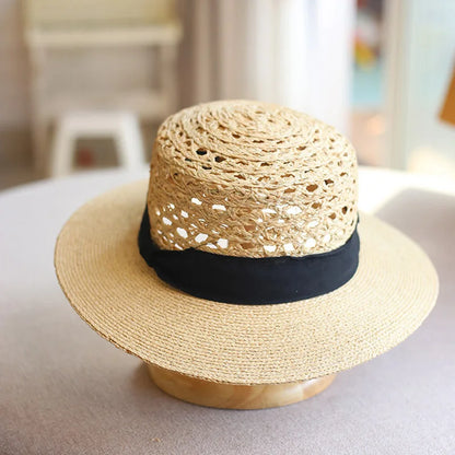 LongBaiLi Summer Casual Wide Brim Raffia Straw Sun Hat For Women Flat Top Panama Sun Protection Beach Hat