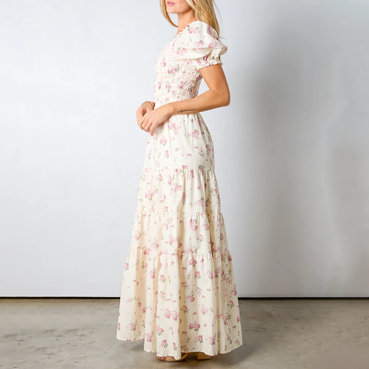 Robe longue d'été fluide à manches courtes et col carré pour femme, imprimé floral vintage Kawaii Combhasaki