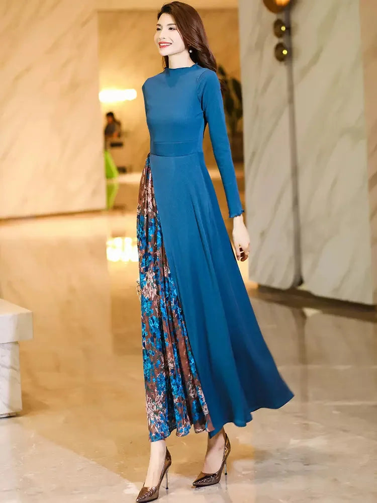 New Women Spring Autumn Knitted Dress Fashion Floral Patchwork O-Neck Long Sleeve Slim Dress Elegant Blue Overlength Dress