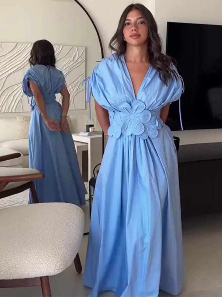 Robe longue plissée élégante à col en V pour femme, tenue tendance sans manches avec taille enveloppée de fleurs, robe trapèze, robes d'été pour les vacances et les fêtes