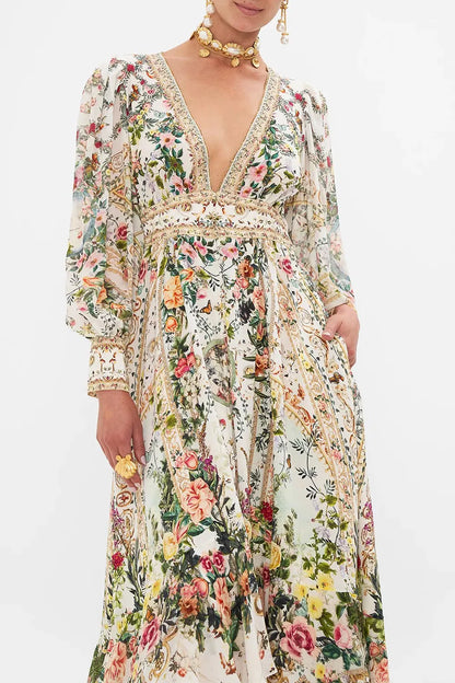 Vestido largo con volantes multicapa de seda 100 % para mujer, con escote en V, estampado de flores y mariposas con cuentas pesadas, novedad de 2024