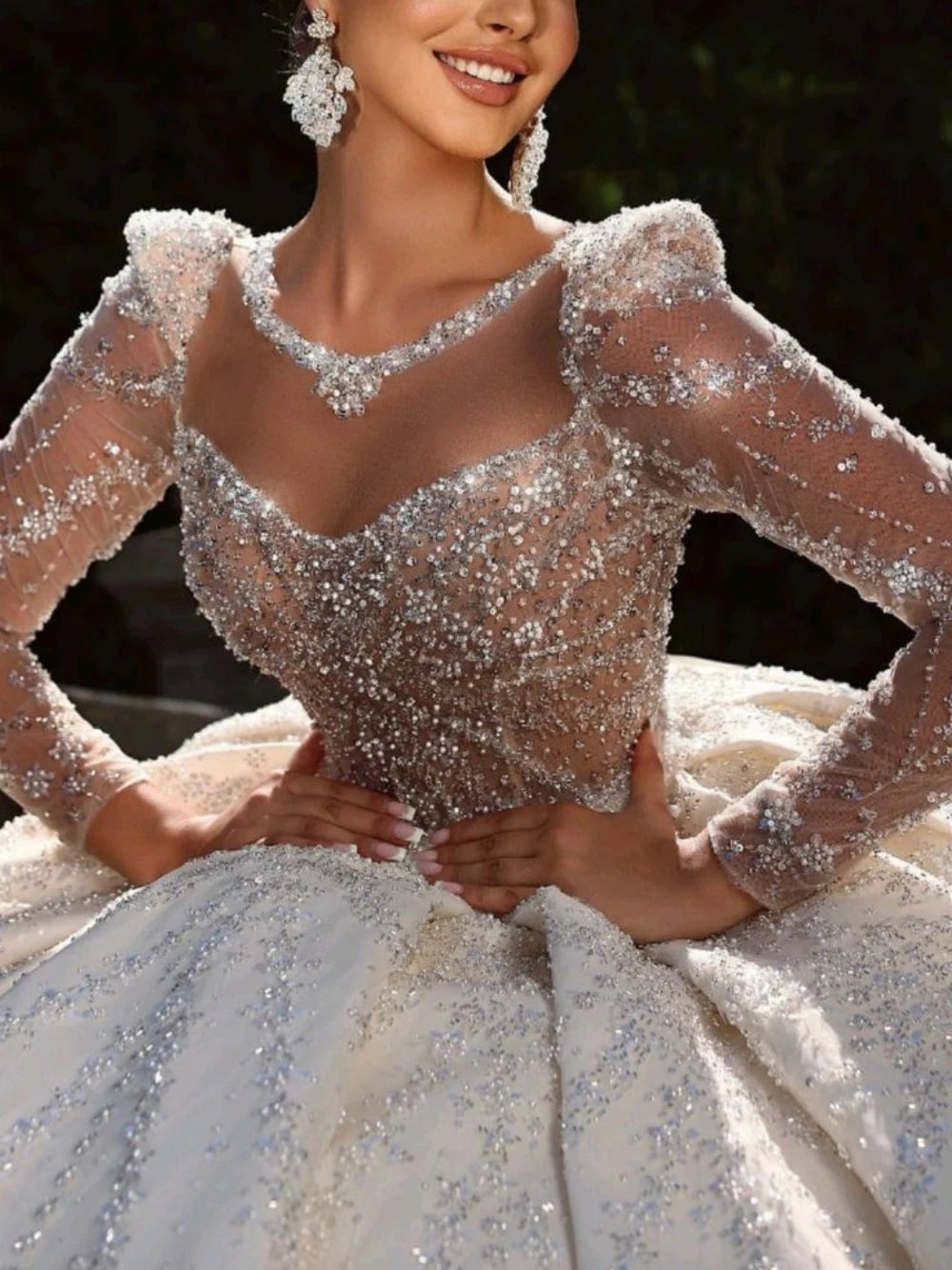 Vestido de novia de lujo con cuentas brillantes y perlas, vestido de novia modesto hasta el suelo