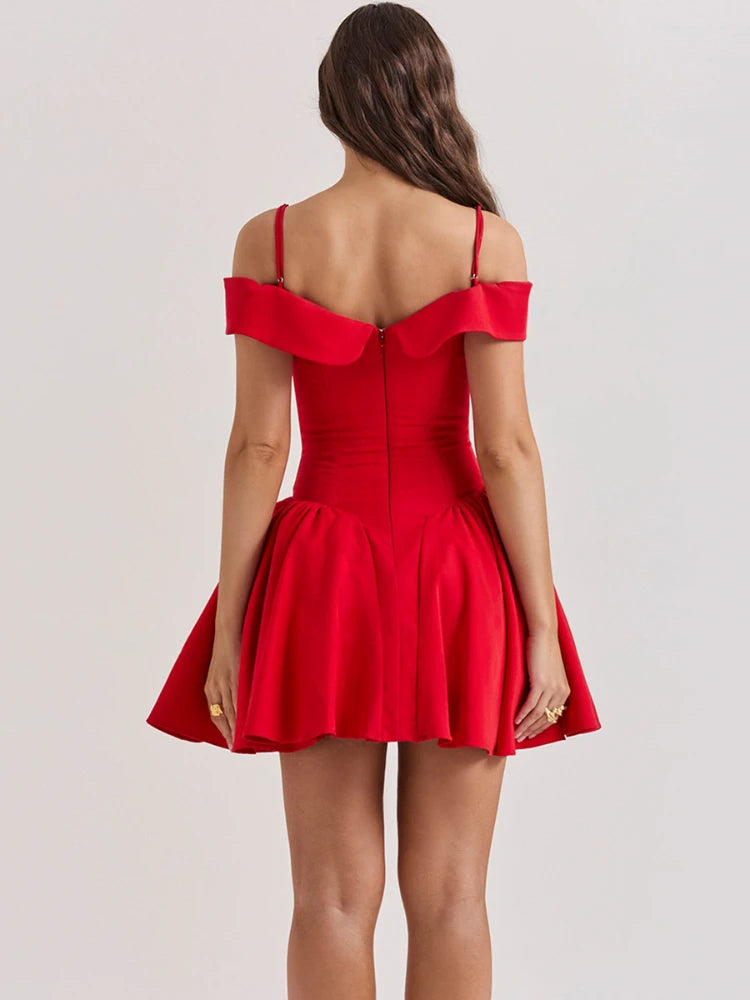 Oligai Vestidos elegantes de verano para mujer, vestidos de fiesta ajustados con hombros descubiertos en rojo, minivestido informal de corte A esponjoso para vacaciones