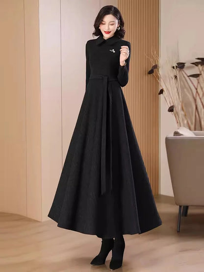 New Women Black Woolen Dress Autumn Winter Fashion Peter pan Collar Long Sleeve Wool Blends Long Dress Elegant Slim Dress