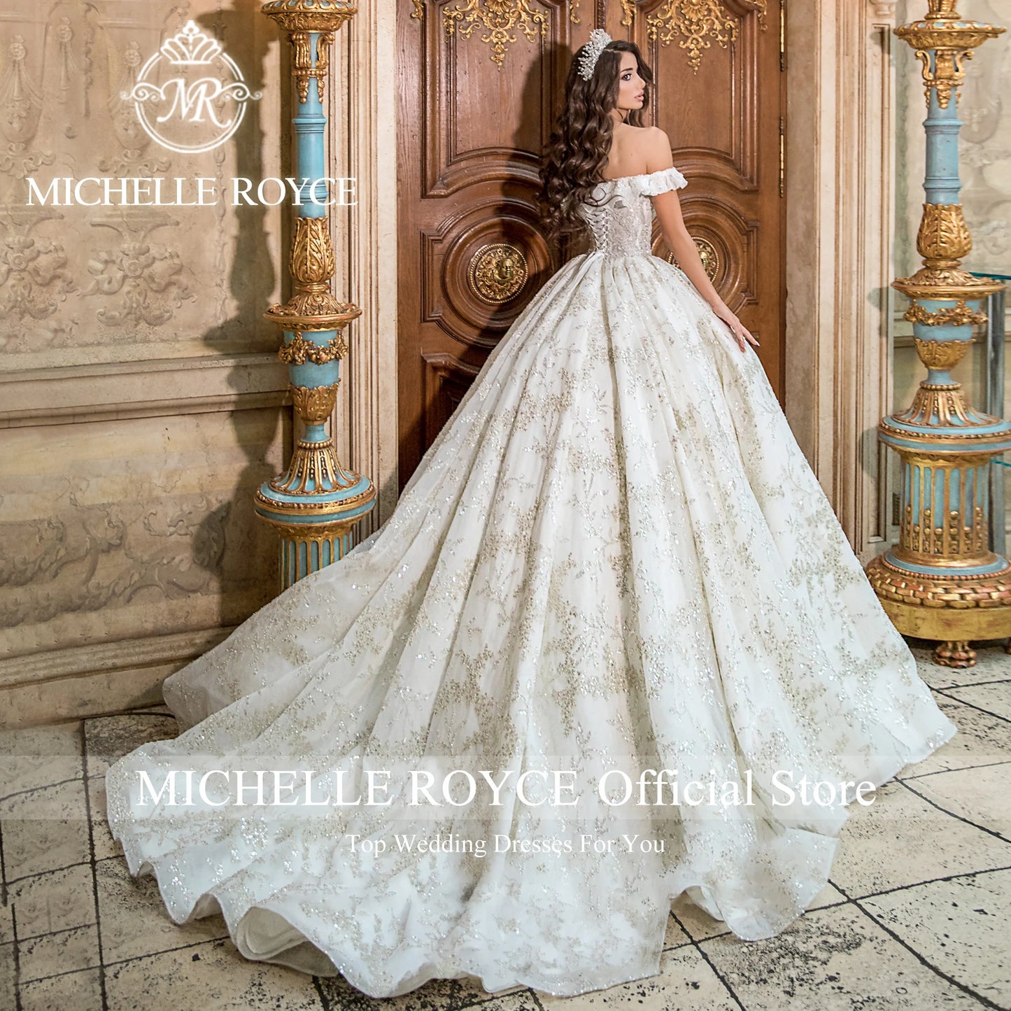 Michelle Royce Luxury Ball Gown Wedding Dress 2023 Sweetheart RUFFLES Sequined Off the Shoulder Wedding Gown Vestidos De Novia