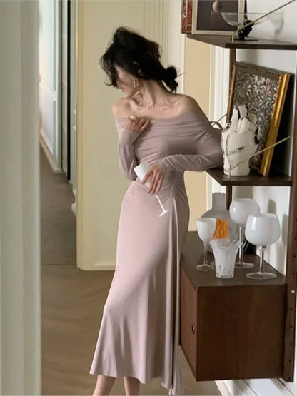 New Winter Sexy Elegant Midi Women Off Shoulder Dress Office Lady Korean Fashion Long Sleeve Evening Party Vestdios Robe