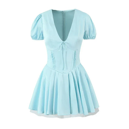 Oligai Summer Women French Vintage Puff Sleeve V Neck Princess Mini Dress Sexy Low Waist A-line Graduation Dress Party Robe