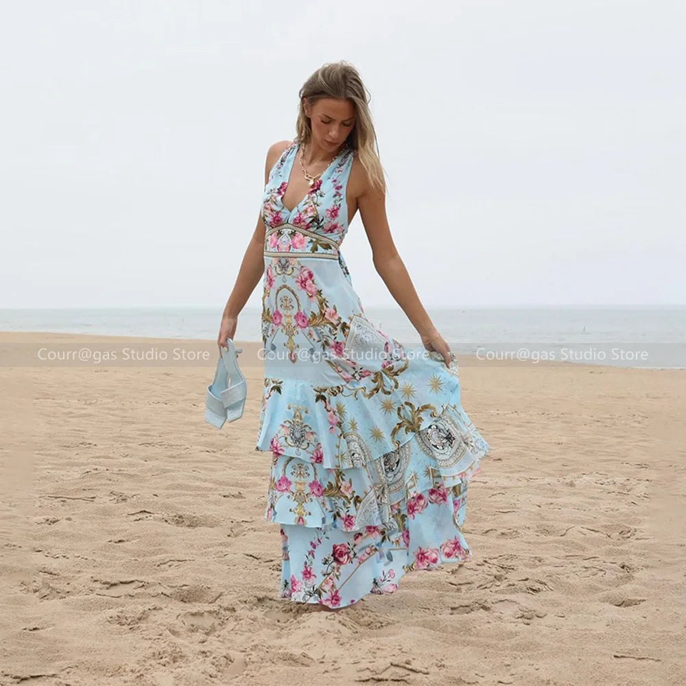 Vestido largo de seda azul con escote en V, sin mangas y cintura alta, estilo festivo, de la nobleza australiana