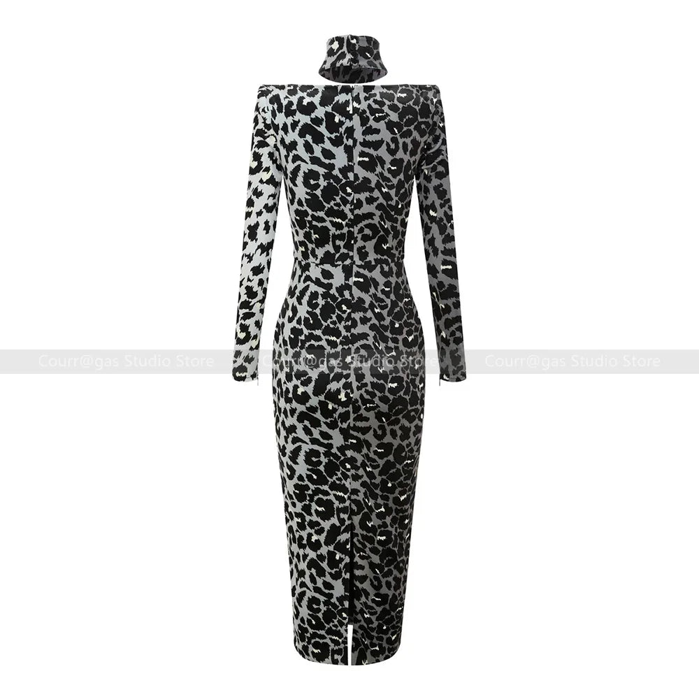 No returns are supported! Original AP square neck leopard print long sleeve tight evening dress