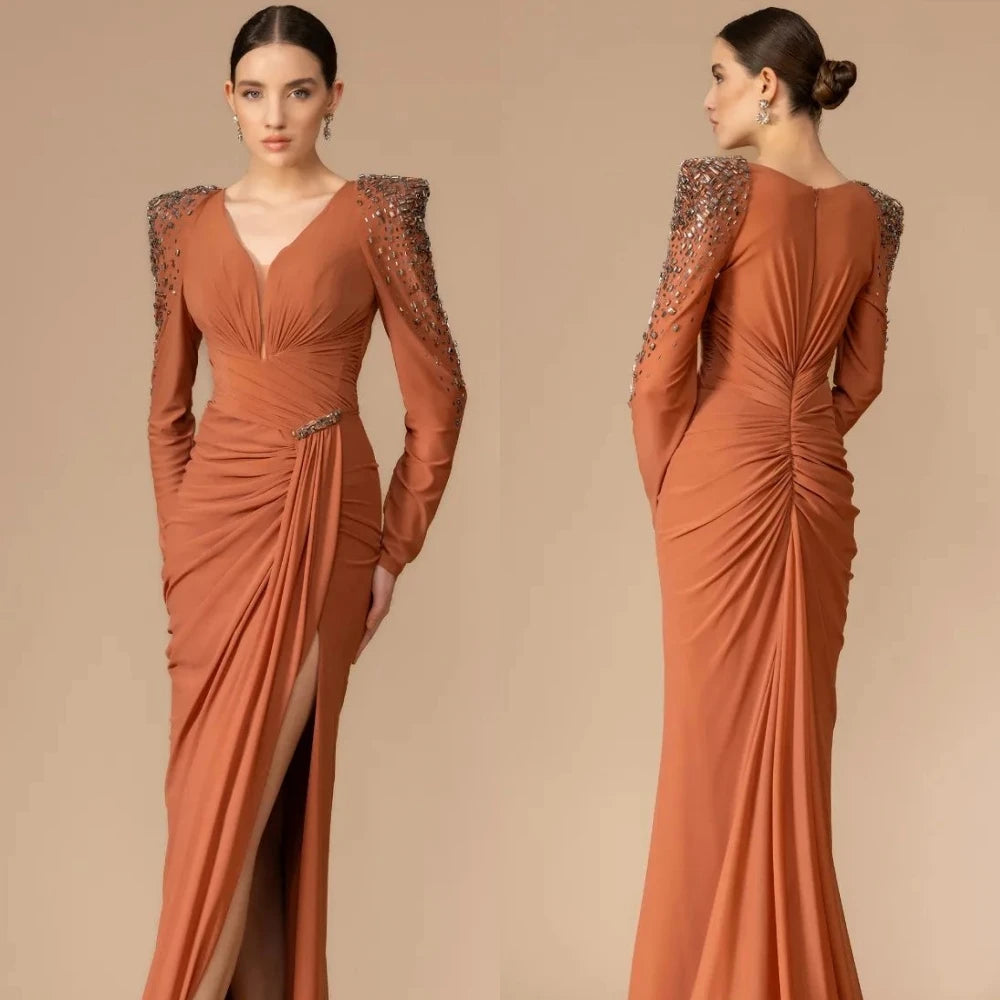 Jersey  Beading Birthday Sheath V-Neck Bespoke Occasion Gown Midi Dresses