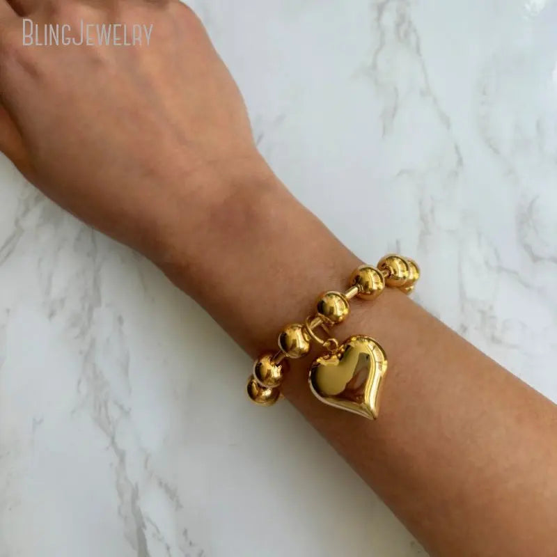 Conjunto de 10 piezas de pulseras apilables de acero inoxidable con cuentas y cadena de bolas de color oro K grueso con forma de corazón y burbujas para mujer