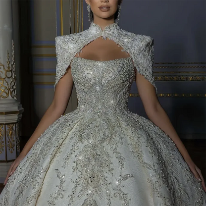 Vestido de novia de lujo de princesa con brillantes cristales y lentejuelas y cuentas 2024, vestido de novia con cola de corte sin espalda para mujer