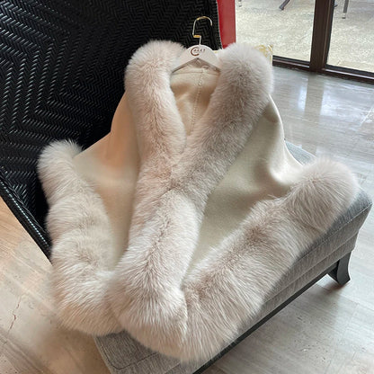 Women Autumn Cashmere Wool Shawl With Real Fox Fur Stripe Fashion Female Genuine Fur Wrap