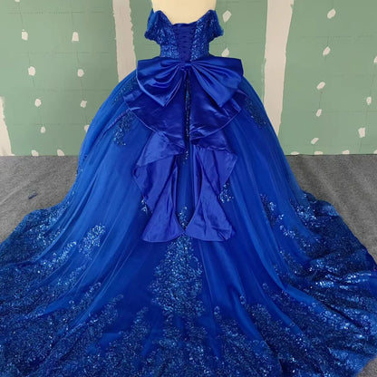 Sapphire Blue Elegant Quinceanera Dress Sweet Girl Appliques Beading Princess Ball Gown Birthday Party Prom Dresses Wc019