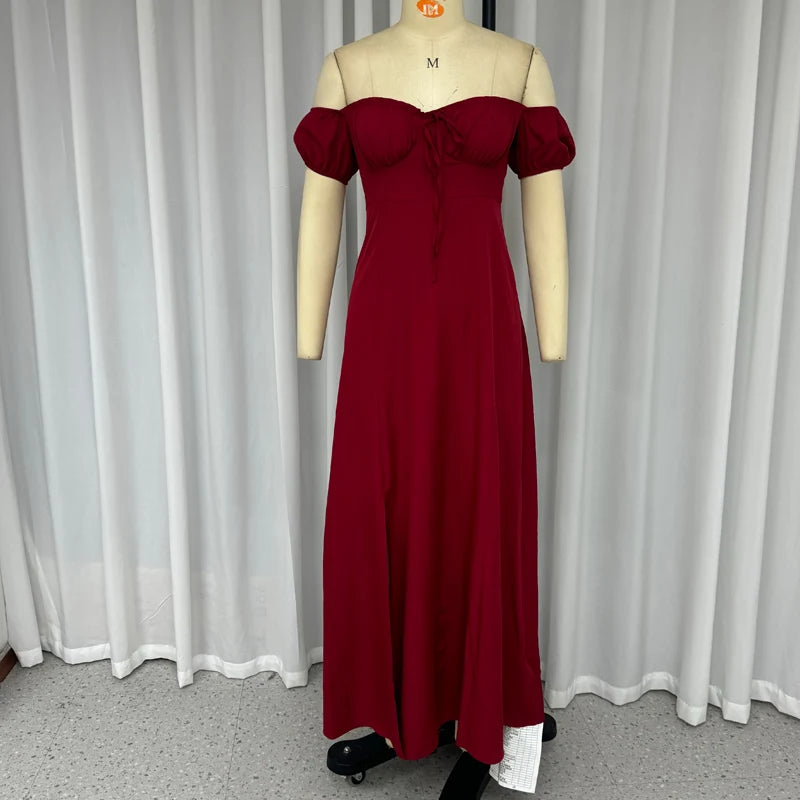 Ellafads Femmes Maxi Robe D'été Sexy Épaules Dénudées Sans Bretelles Solide Manches Bouffantes À Lacets Dos Nu Taille Cintrée Fente Longue Robes