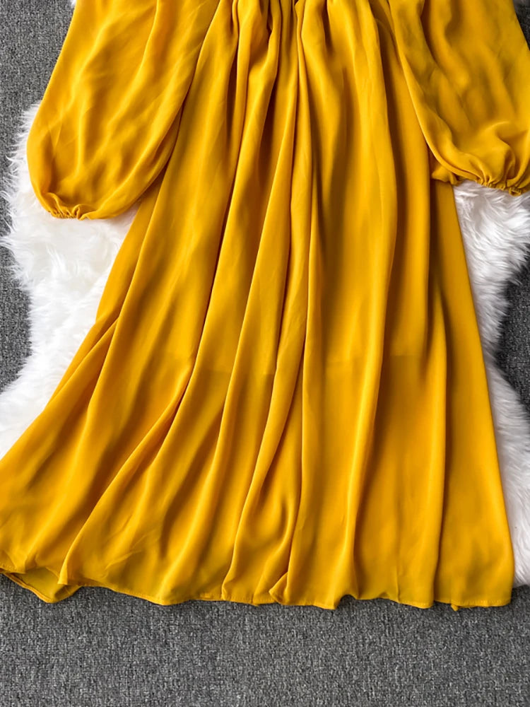 Vestido midi de manga larga con cuello oblicuo para mujer, vestido femenino de gasa con cintura alta, volantes y vuelo grande, color amarillo, rojo y rosa, moda 2022