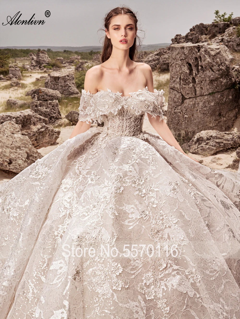 Alonlivn Charmante Robe De Mariée En Tulle Et Dentelle À Épaules Dénudées Robe De Bal Bouffante Novias Perles Perles Appliques Dentelle Robes De Mariée