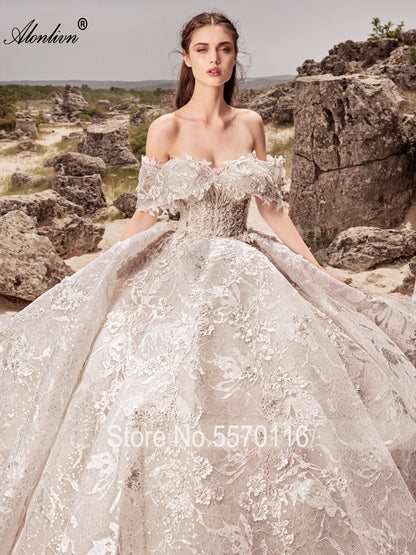 Alonlivn Charmante Robe De Mariée En Tulle Et Dentelle À Épaules Dénudées Robe De Bal Bouffante Novias Perles Perles Appliques Dentelle Robes De Mariée