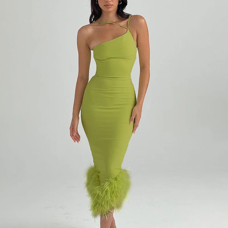 Robe de cocktail courte verte sexy en crêpe à une épaule avec plumes et rayures Robe sirène dos nu Robe de bal Robe de soirée Clubwear