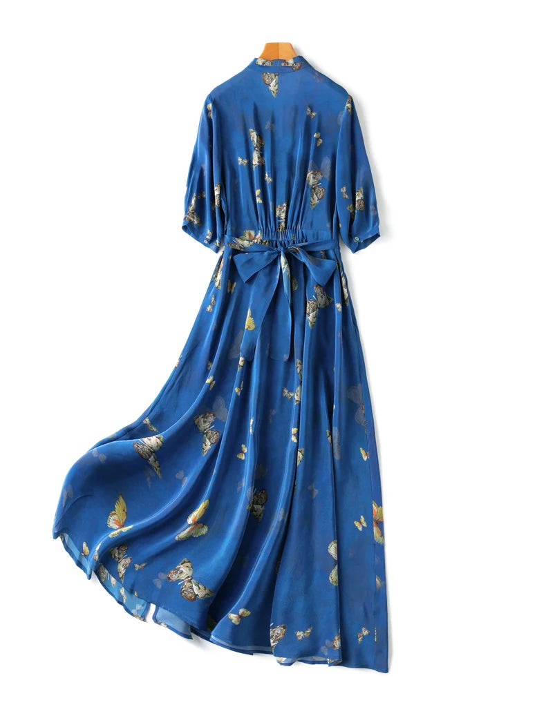 SuyaDream Femmes Maxi Robes 100% Soie Crêpe De Chine Col V Imprimé Wrap Longue Robe 2023 Printemps Été Vacances Vêtements Bleu