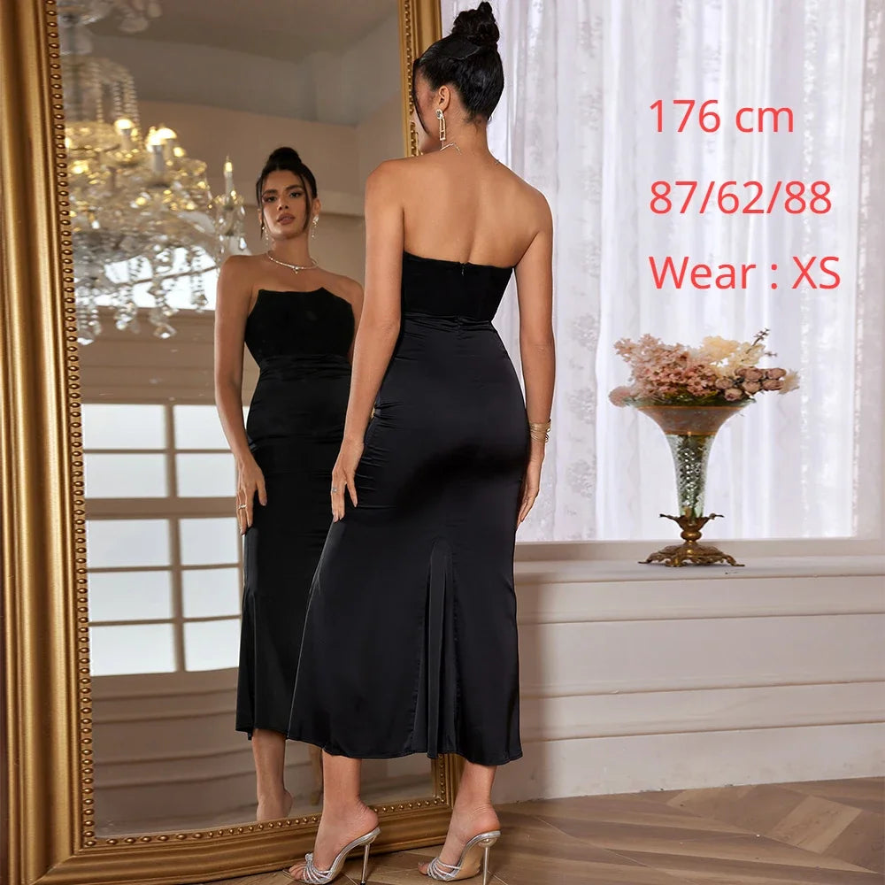 Oligai Black Maxi Wedding Guest Dress Women Strapless Velvet Boning Corset Party Dress Sexy Satin Long Formal Occasion Dress