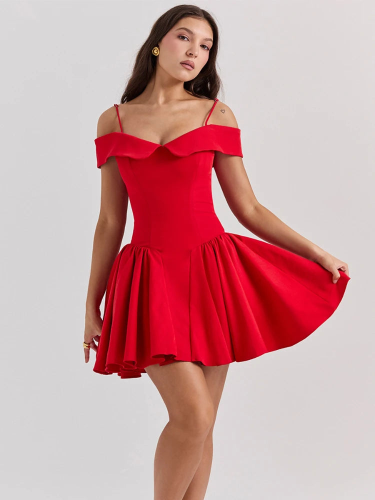 Oligai Summer Elegant Dresses for Women Red Off The Shoulder Bodycon Party Dresses Mini Casual A Line Fluffy Dress for Holiday