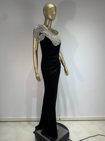 Vestidos de fiesta de lujo para mujer, elegantes, negros, con cristales 3D brillantes, decoración con abertura, maxivestidos largos para fiestas de gala de noche de celebridades para cumpleaños