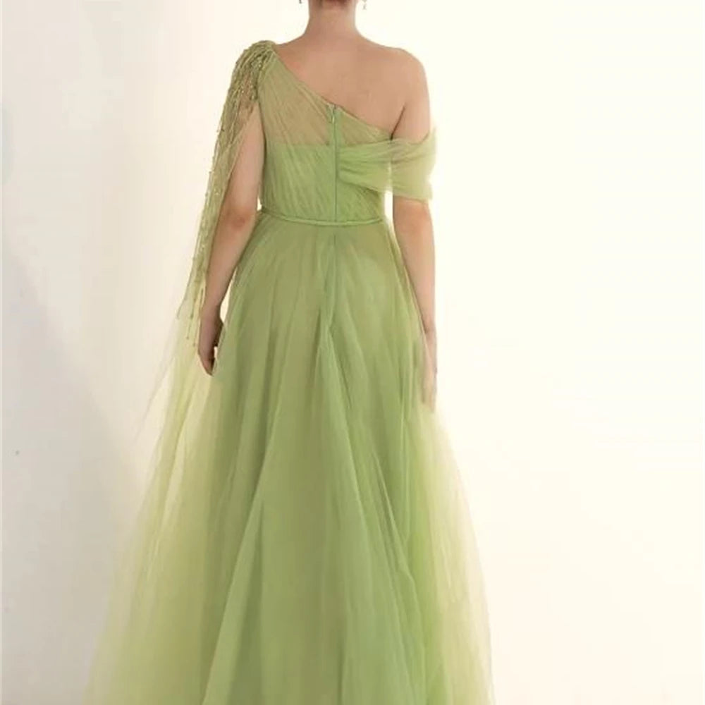 Vestido de fiesta sencillo verde claro para mujer, vestido de fiesta elegante con un hombro al descubierto, cuentas, corte en A, drapeado, de organza, vestidos de noche