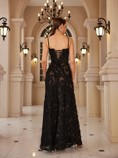 Mingmingxi Formal Occasion Dresses Maxi Black Appliques Dresses for Dancing Parties Long Elegant and Beautiful Women Dress