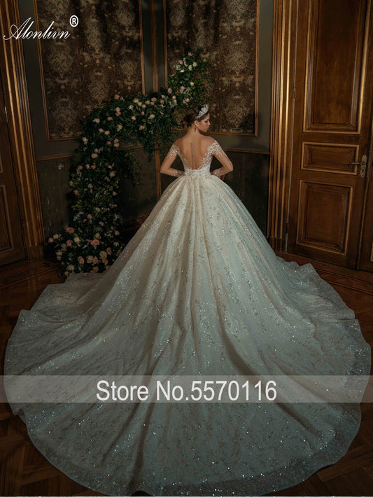 Alonlivn Robe de mariée en dentelle avec broderies et perles, robe de bal, col illusion et dos, manches longues