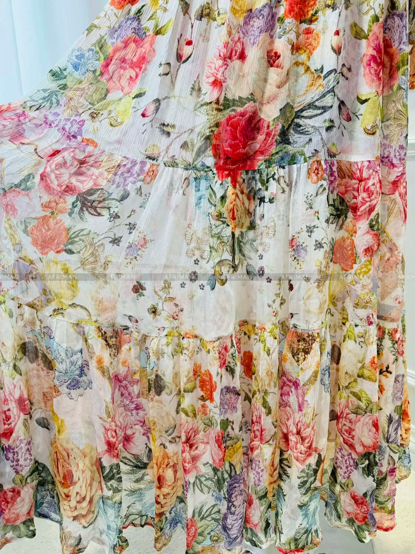 Robe longue ample en soie à col rond et imprimé floral avec perles en cristal pour femmes