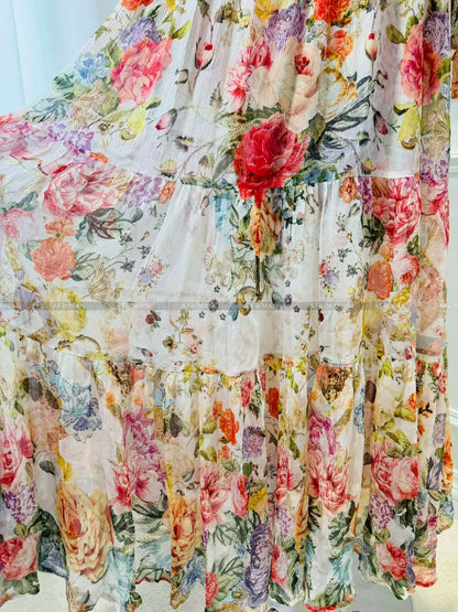 Vestido largo holgado de seda con cuello redondo, estampado de flores y cuentas de cristal para mujer, mangas acampanadas grandes