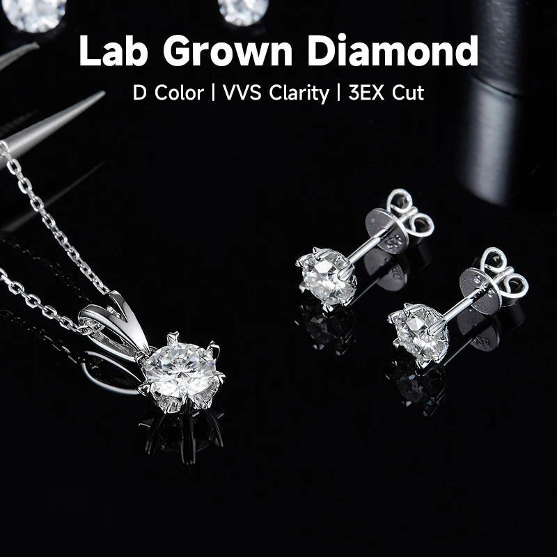 Classic Snowflake S925 Silver set lab-grown diamond 1 carat necklace, lab-grown diamond 0.5 carat *2 stud earrings, with NGIC ce