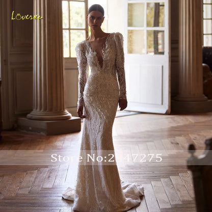 Loverxu Sirène Robes De Mariée De Luxe 2024 Col En V À Manches Longues Robe De Mariée Dentelle Broderie Train Détachable Robe De Mariée