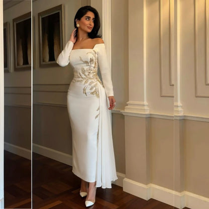 Jiayigong High Quality Sparkle  Satin Beading Party A-line Off-the-shoulder Bespoke Occasion Gown Midi Dresses