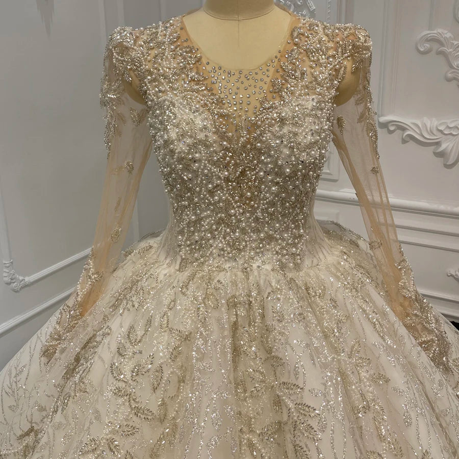 Robe de mariée de première qualité Jancember 2024 en organza à manches longues et perles à lacets et plis dos nu LSCJ04