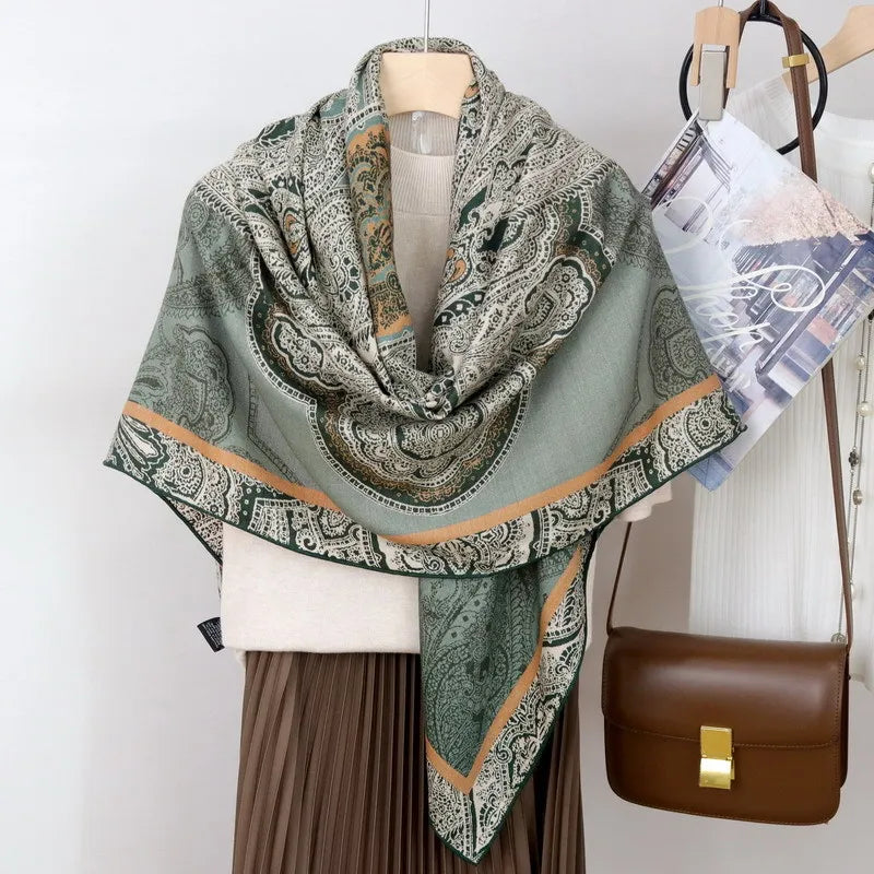 High-end Elegant Women Exquisite Sri Lankan Style Double Sided Print Quality Silk Wool Hand-rolled Edge Large Square Scarf Shawl