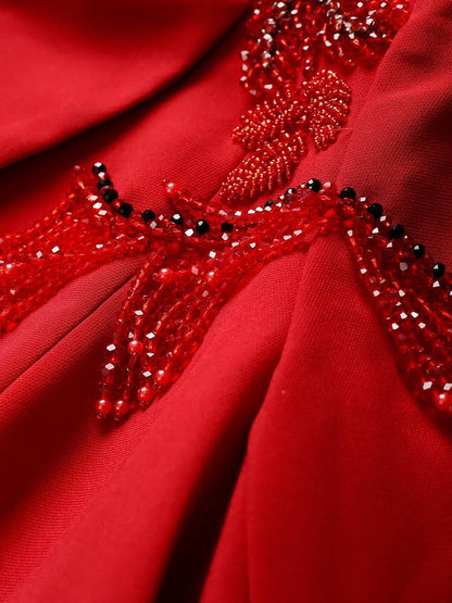 Red Dress Ladies Fall 2024 new suit collar handmade beaded formal occasion long sleeved hip dresses women 24041