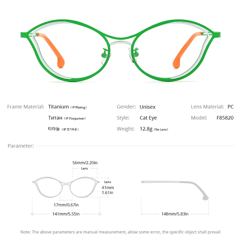 FONEX Lunettes en titane pur pour femmes et hommes, nouvelles lunettes rétro colorées en œil de chat, 2024, F85820