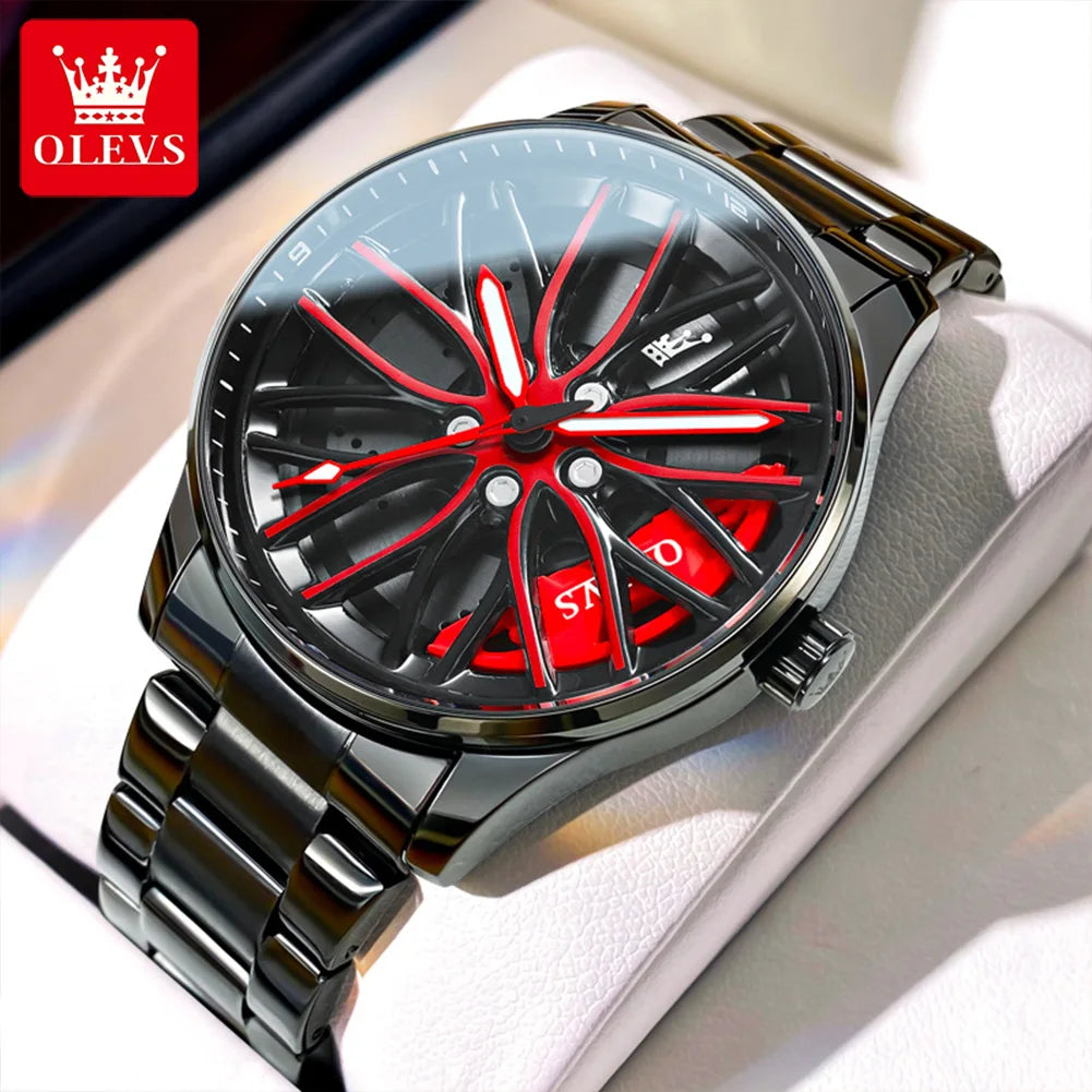 Reloj OLEVS para hombre, esfera giratoria de 360°, llanta de coche deportivo, buje de rueda, resistente al agua, luminoso, de acero inoxidable, reloj de pulsera de cuarzo para hombre