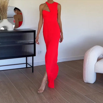 Ellafads Party Long Dress Women Summer Fashion Sexy Solid Sleeveless Irregular Button Slim Slit Nipped Waist Maxi Dresses