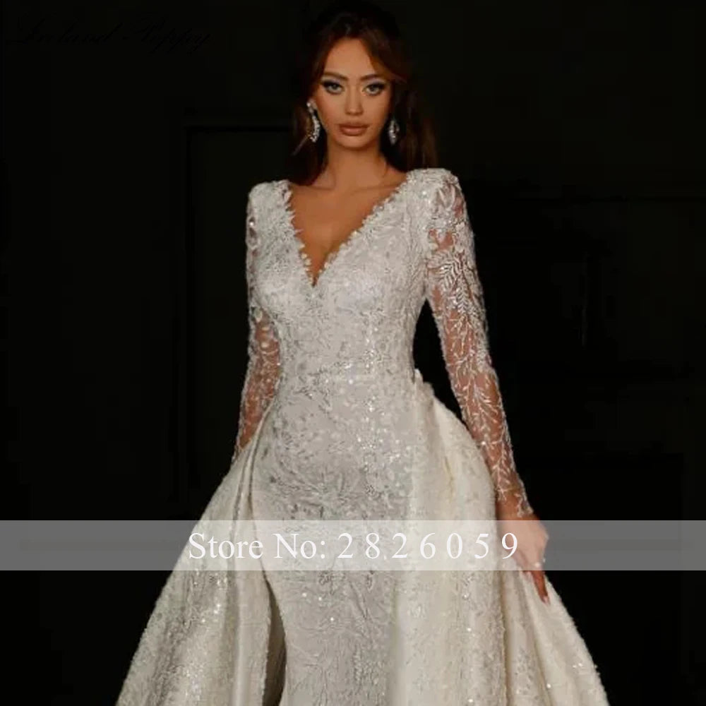 Lceland Poppy V Neck Lace Mermaid Wedding Dresses Manches longues Perles 2 pièces Robes de mariée avec traîne amovible