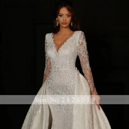 Lceland Poppy V Neck Lace Mermaid Wedding Dresses Full Sleeves Beaded 2 Pieces Bridal Gowns with Detachable Train