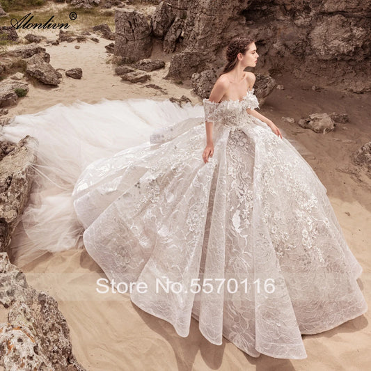 Alonlivn Charmante Robe De Mariée En Tulle Et Dentelle À Épaules Dénudées Robe De Bal Bouffante Novias Perles Perles Appliques Dentelle Robes De Mariée