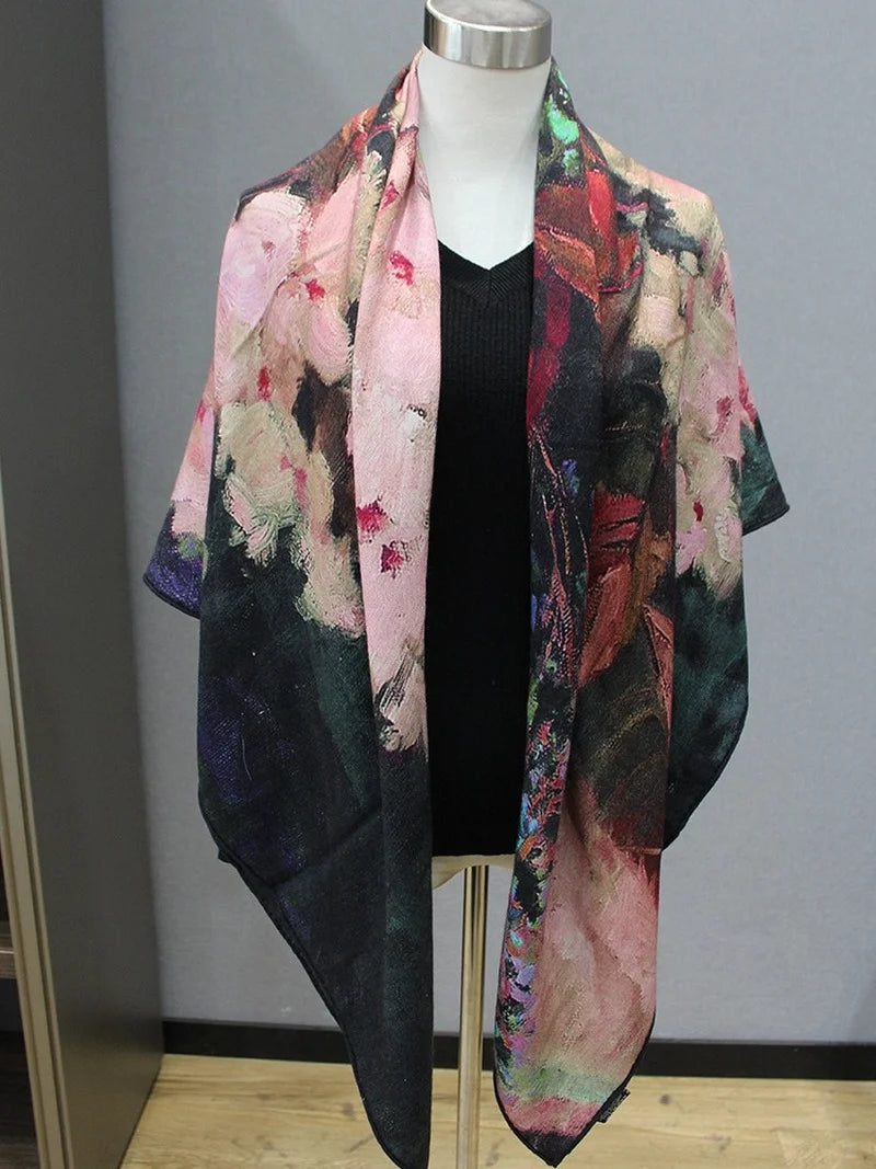 High-end Elegant Women's Oil Painting Potted Flower Double-sided Print Quality Silk Wool Hand-rolled Edge Warm Large Scarf Shawl