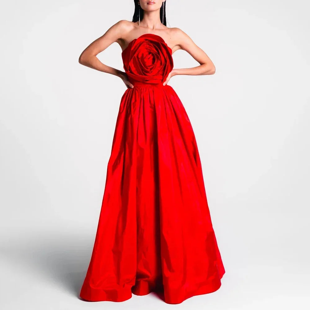 2024 Nuevo vestido de dama de honor de boda largo con rosas 3D sin tirantes rojo de lujo para mujer elegante vestido de fiesta de noche de celebridad