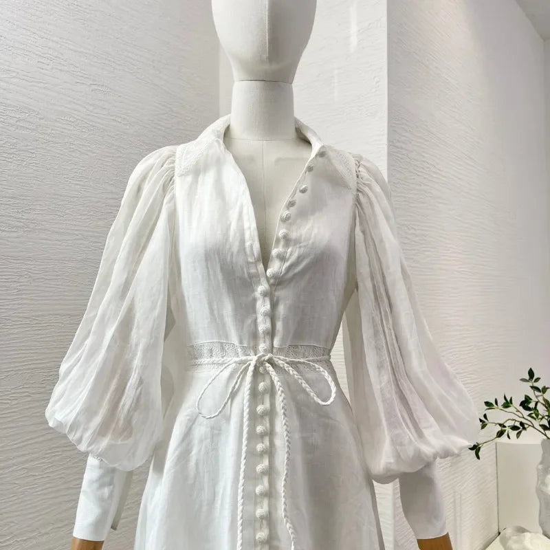 White Hook Flower Hollow Long Shirt Dress Top Quality Spring Women Summer Elegant Lantern Sleeve Buttons Lace-up